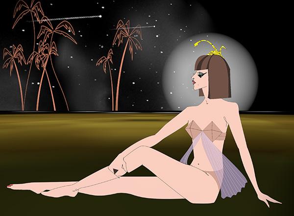 Cleopatra costume set on golden sands, palm trees, and a comet-filled sky