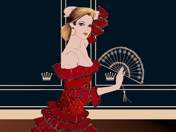 Image of traje de flamenca costume with royal curtain